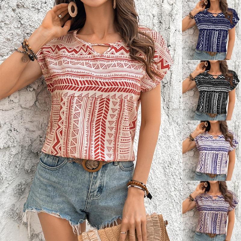 Geometric Pattern Round Neck Short Sleeved Shirt Top