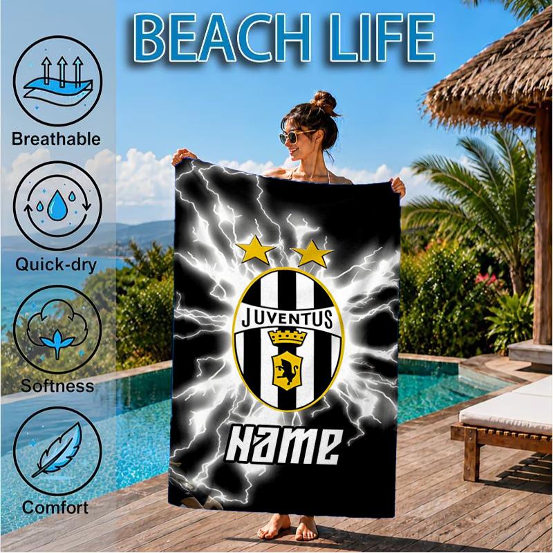 Custom Name Beach Towel Juventus Sportive Microfiber Beach Towel, Lightweight for Summer Travel, Swimming Pool Fan Birthday Gift