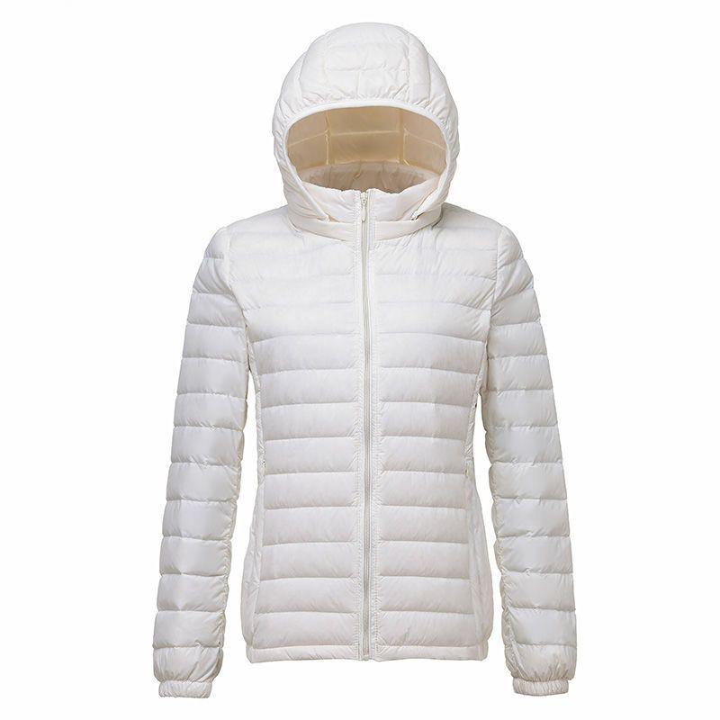 

Women Autumn Winter Thin Portable Storage Outwear 90% White Duck Down Jacket with Removable Hood 4XL