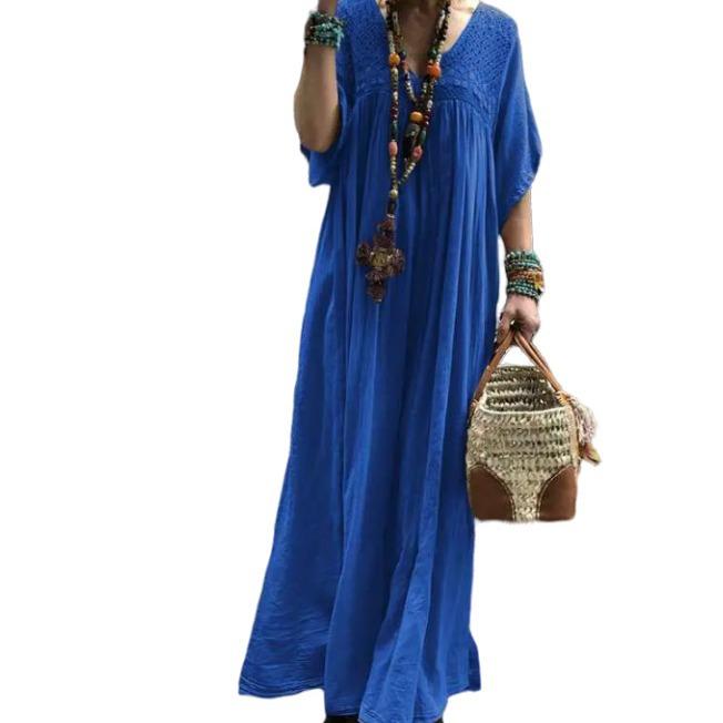 Damen V Neck Kleid Maxikleid Fackel Ärmel Oversize Lose Kaftan Promkleid Dress Vestido Robe Kleid