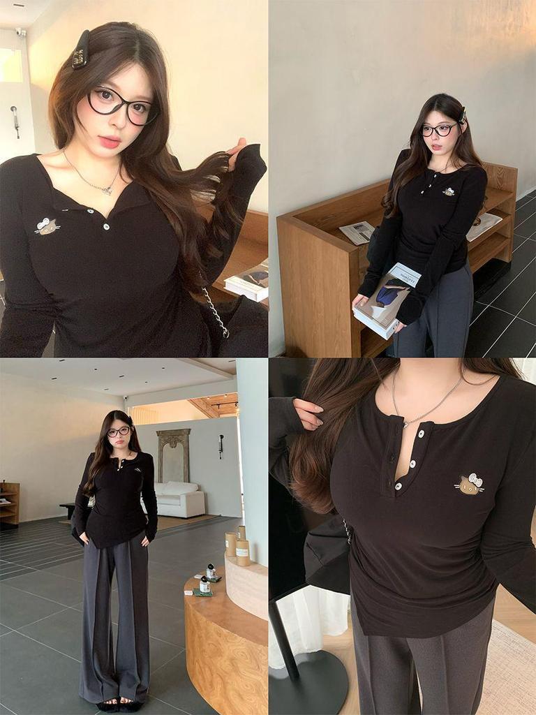 Annie's Kitty Embroidery Waist-Cinching Knit T-Shirt for Plus-Size Women - Slimming Long-Sleeved Top