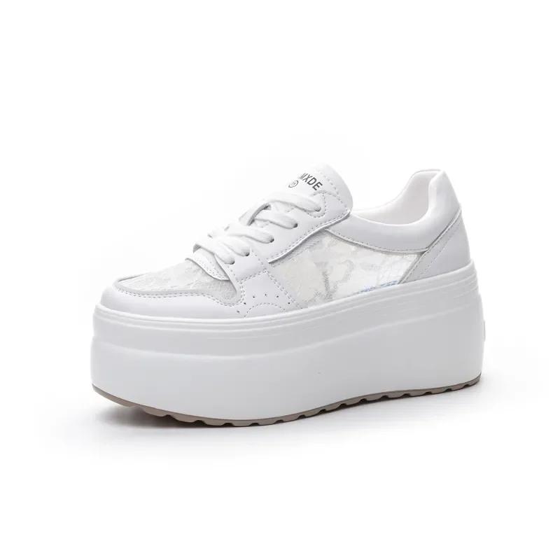 Móda 8cm Nové Dámské Krajkové Robustní Tenisky Móda Léto Dutá Platforma Klínek Baleríny Pohodlné Kotníkové Boty Boty Vzdušná Síťovina Kůže Pravá