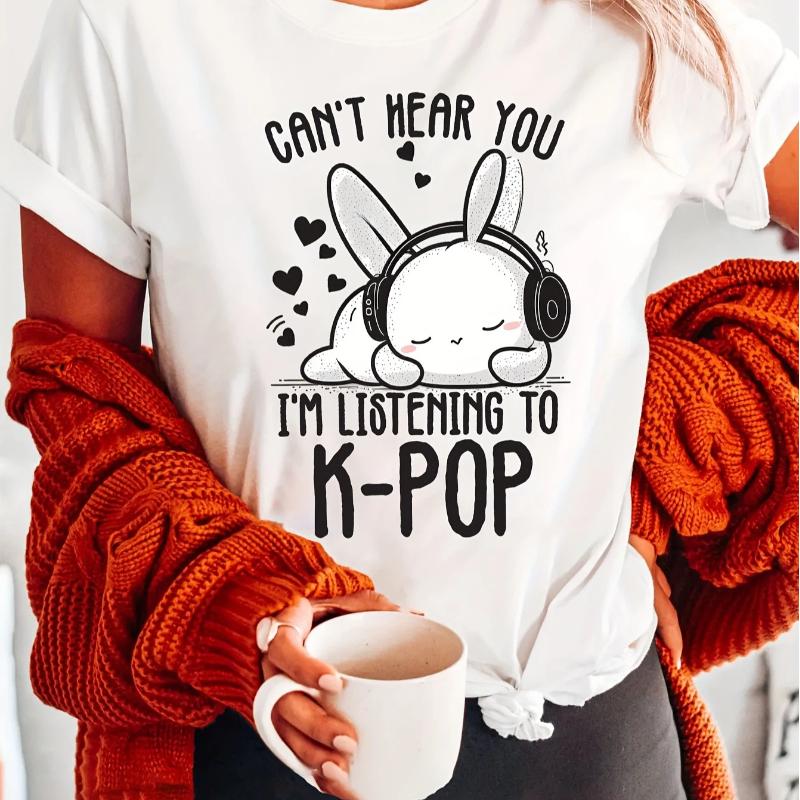 

Women s Kpop Rabbit T-Shirt Can t Hear You I m Listening To K-POP Slogan Graphic Short Sleeve Crew Neck Casual Summer Clothing XS