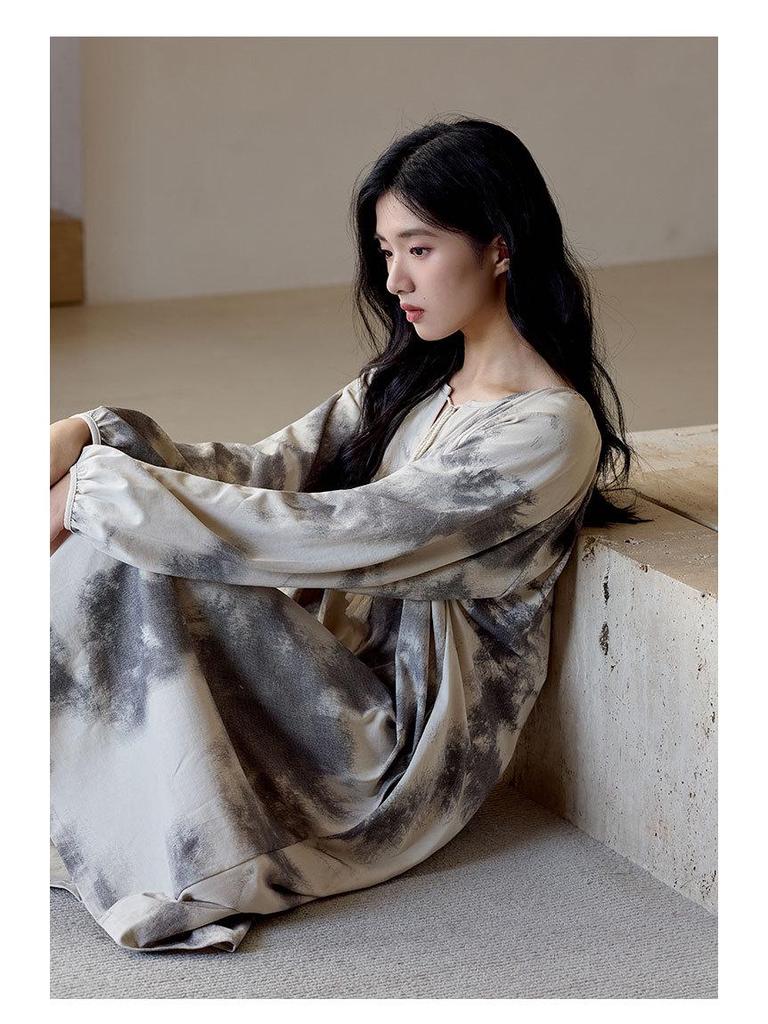 Women's Antibacterial Rayon Cotton Nightgown - Autumn Wabi-sabi Style, Pure Cotton, Long Sleeve, Mid-length Homewear Pajamas