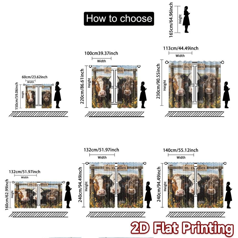 2pcs, 2D FLAT PRINTING Curtains (Without Rod) Curious Cows Holiday Curtains Versatile Durable Polyester Curtains Versatile All