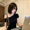 Korean Spice Girl Style Bow Slash Shoulder Black Short Sleeve T-Shirt Women's Summer New Korean Edition Design Top
