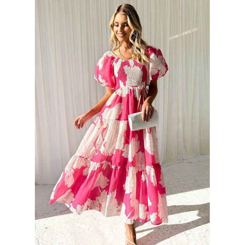 

Printed One-Shoulder Dress Temperament Elegant Print off-Shoulder Puff sleeve European and American Dress Pink White Print XL