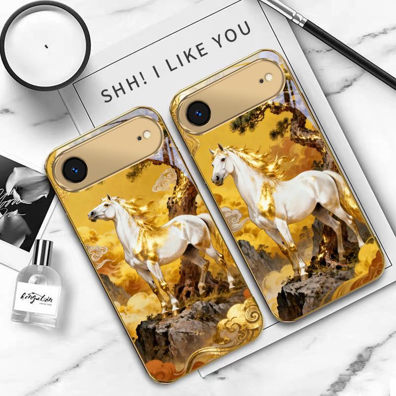 Tall and Sturdy Horse For IPhone 17Pro Max 16 17 Pro 15 Pro 14 13 Plus 12 Mini 11Pro Max XR 16E 17 Air Golden Glass Phone Case