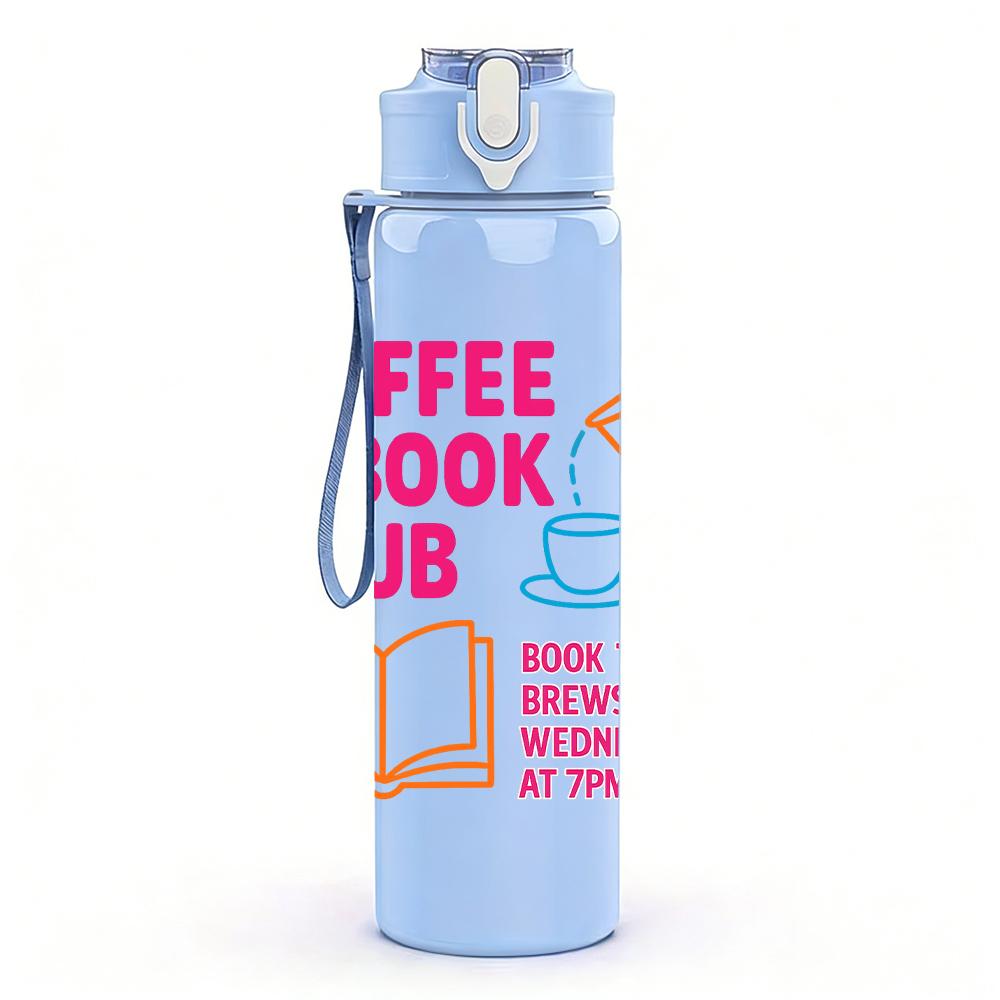 1PC Coffee Book Club Text Graphic,750ml Color Plastic Sports Water Bottle,Leakproof Flip Straw Lid,Suitable for Sports Office Home Use