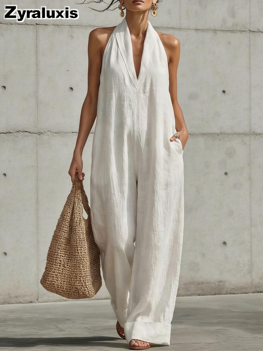 New Summer Cotton Linen Casual Elegant Sleeveless Jumpsuit for Women S