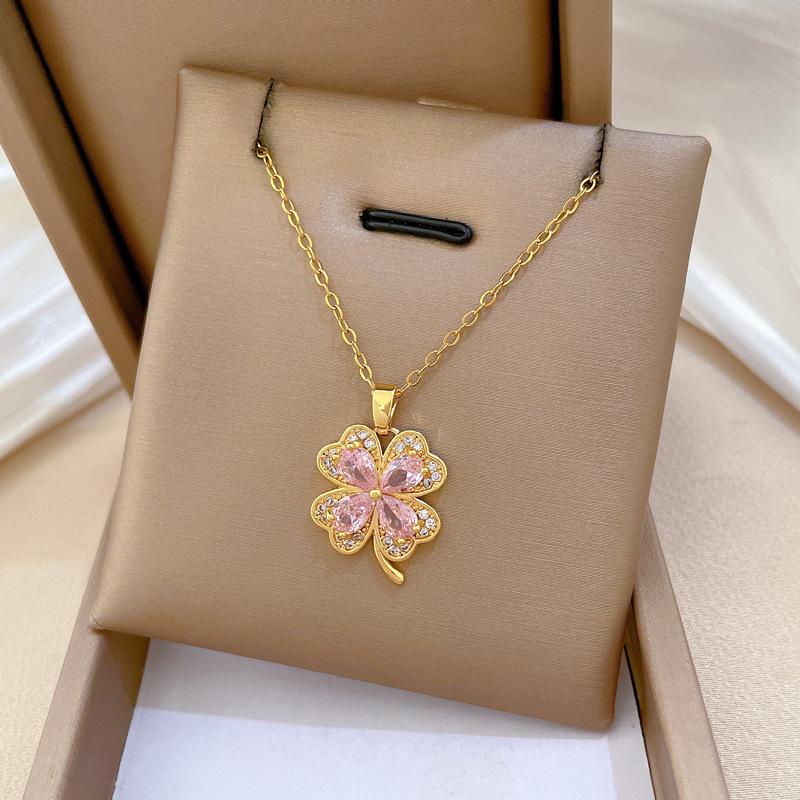 Lucky Pink Heart Zircon Clover Pendant Necklaces for Women Girls Sweet Stainless Steel Chain Necklace Jewelry Accessories Gifts