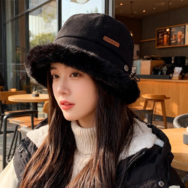 Plush hat women's big head circumference shows small face thickened plush bucket hat plush ear protection cold protection pullover hat