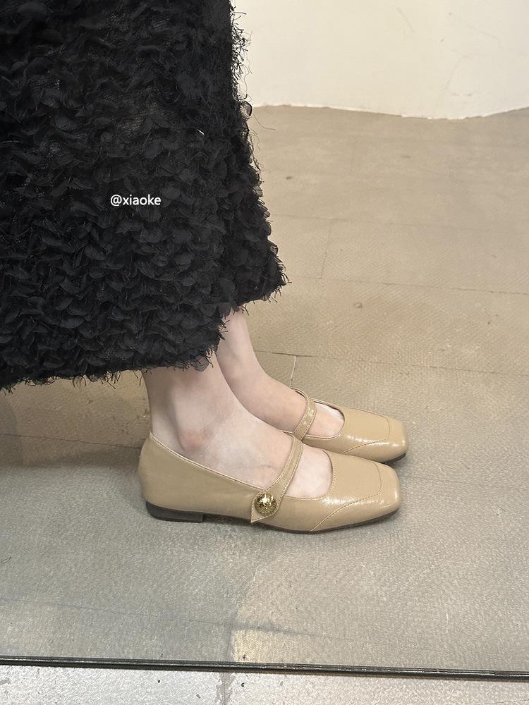 

French single shoes femininity 2025 spring and autumn new brown flat Mary Jane women s shoes square head small fragrant fairy shoes 39 хаки