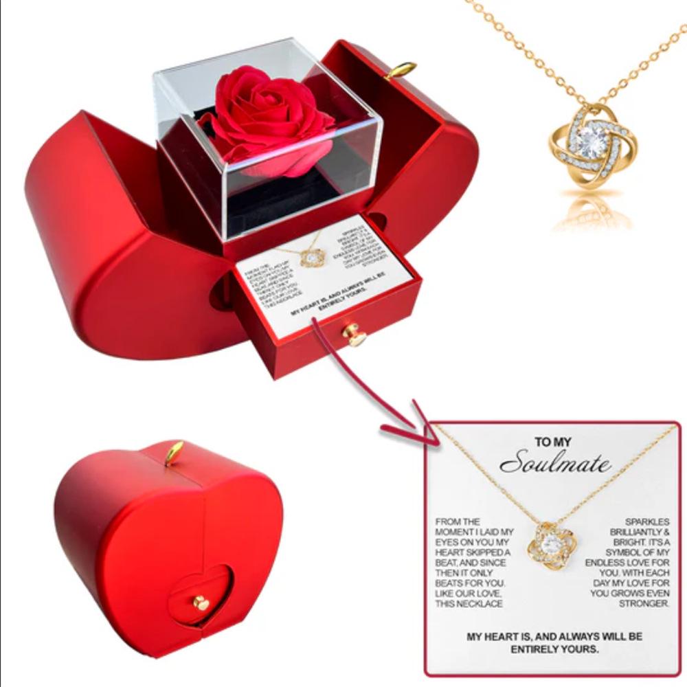Valentine's Day & Christmas Jewelry Gift Box: Four-Leaf Clover Necklace & Rose Eternal Flower for Women