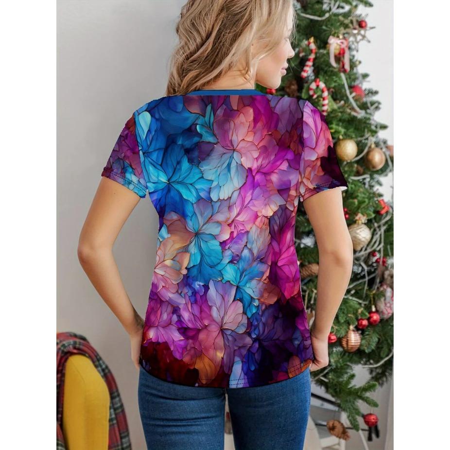Damski T-shirt Wzór Motyla i Kwiatów Nadruk - Wygodny Krótki Rękaw Okrągły Dekolt Moda Druk 3D