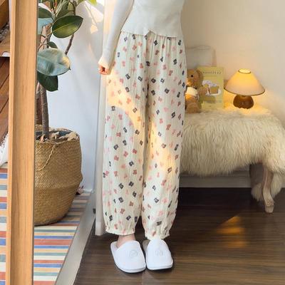 Women's Spring & Autumn Cotton Gauze Floral Pajama Pants - Loose, Breathable, Indoor/Outdoor