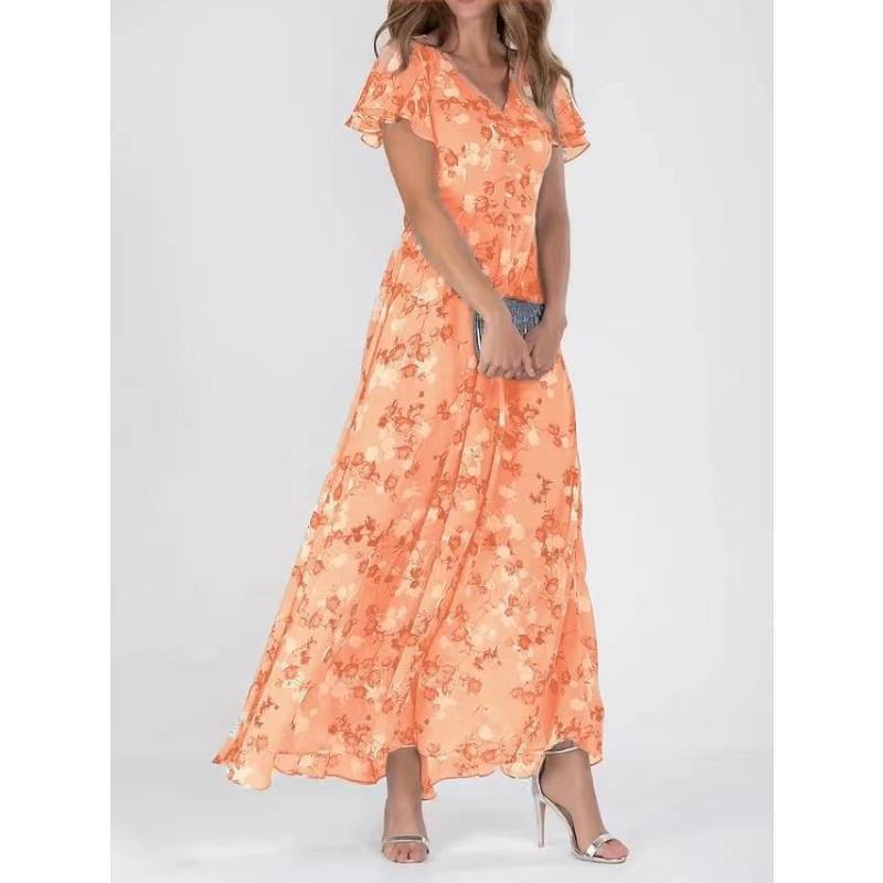 Basic Style Flowy Chiffon Floral Maxi Dress With Ruffle V Neck For Summer Casual Wear