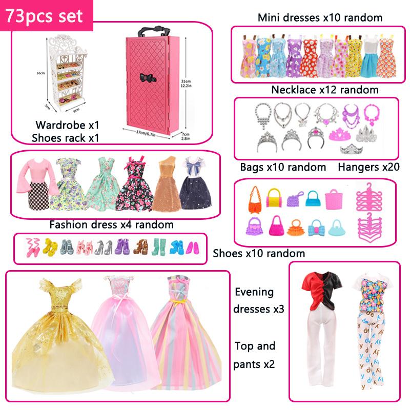 

73pcs Set Doll Accessories Playsets Include Wardrobe Shoes Rack Evening Dress Fashion Top Pants Necklace Christmas Gift Toy and Kid Friendly