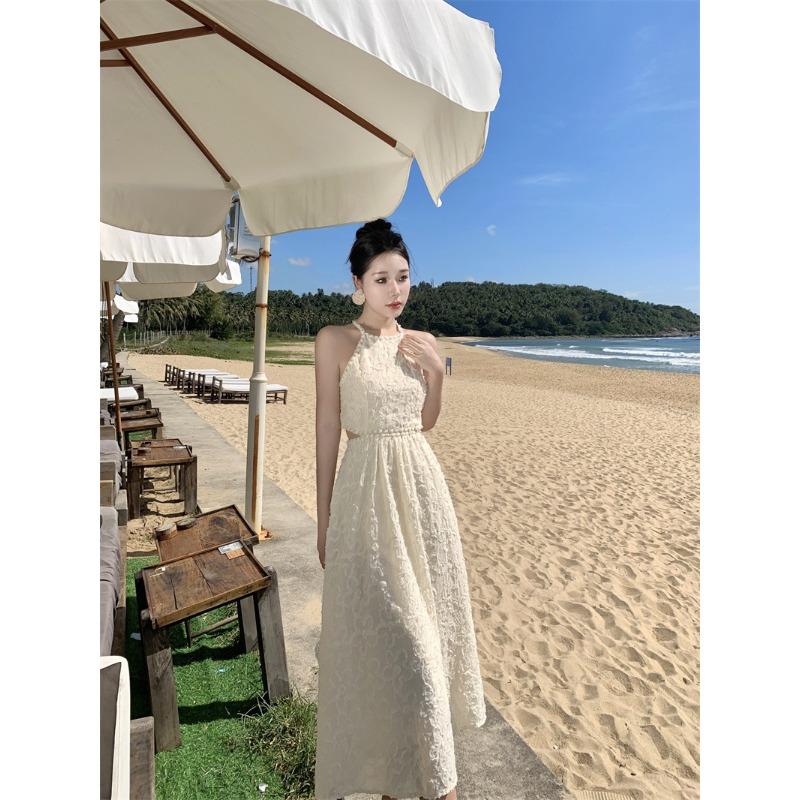 French Neck Sling Dress Women's Summer High-end Temperament Showing Thin Waist Long Dress Seaside Vacation Beach Dress