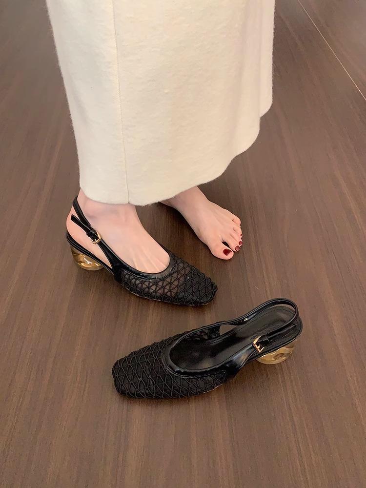 

Нишевый дизайнерский сенс тканая универсальная сумка голова сандалии 2025 лето новый простой сетчатый толстый каблук высокий каблук одинарная обувь женщины 35