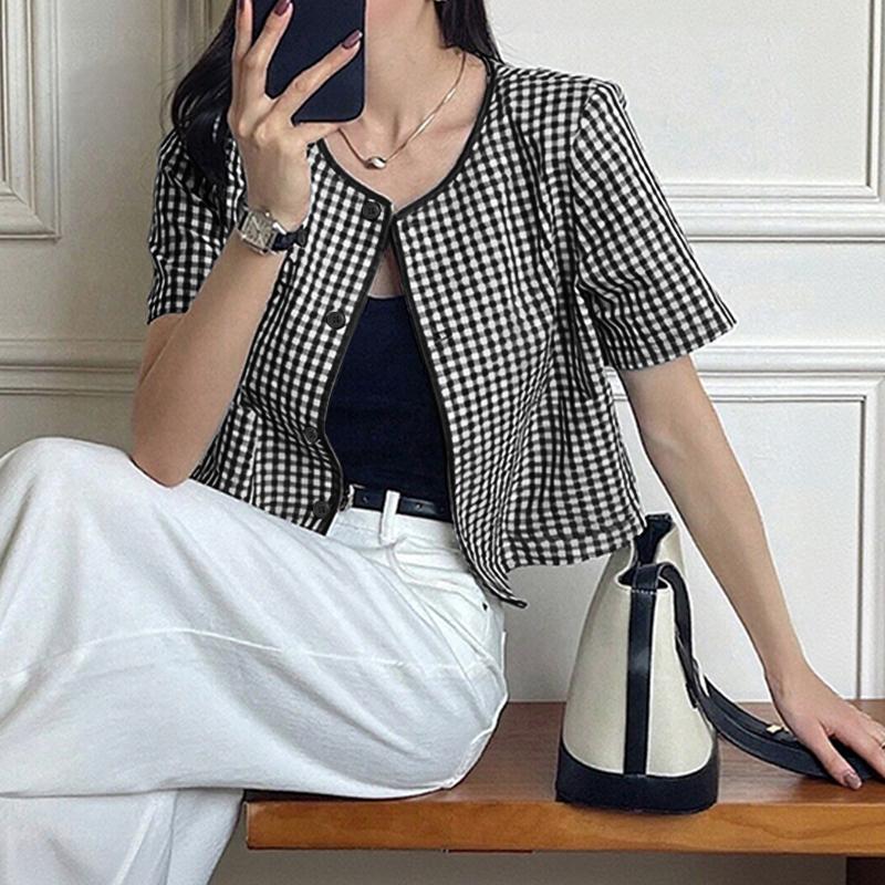 ZANZEA Women Casual Round Neck Short Sleeve Plaid Print Button Blouse S чёрный
