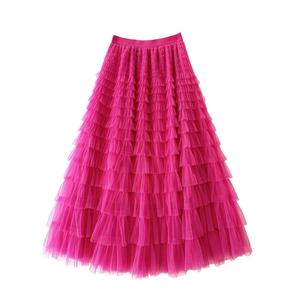 Women's Elastic Waist A‑Line Maxi Tulle Skirt Fresh Sweet Tiered Cake Long Skirt