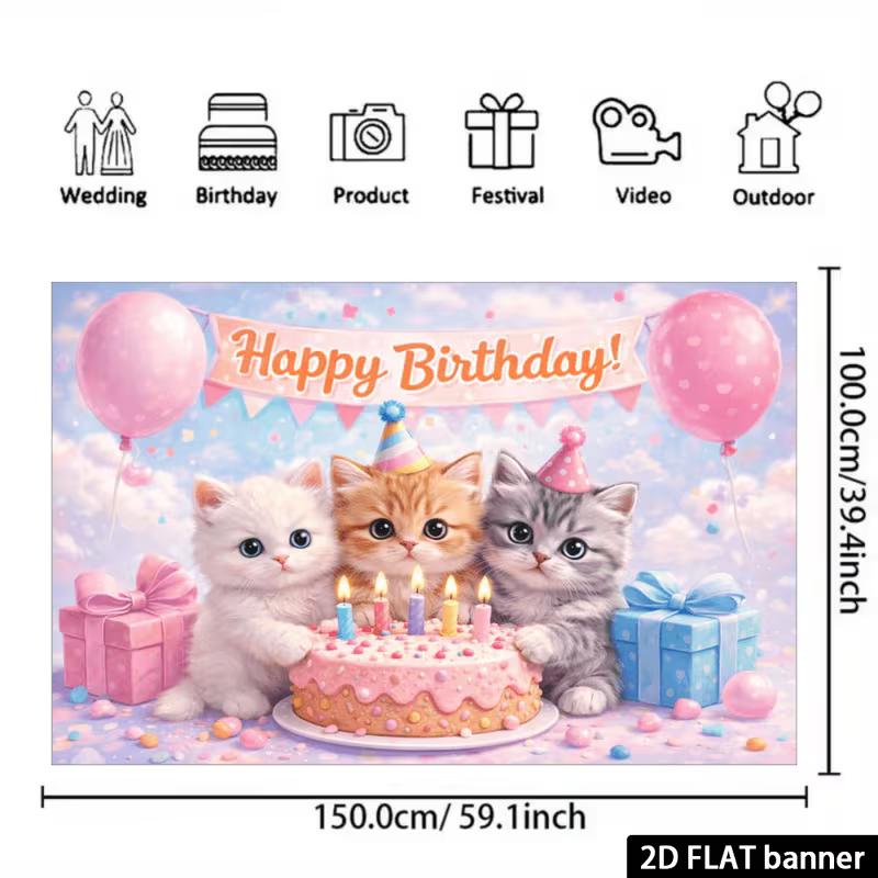 Banner Sfondo 2D Gatto e Torta Buon Compleanno Rosa Blu Festa Photo Booth Sfondo