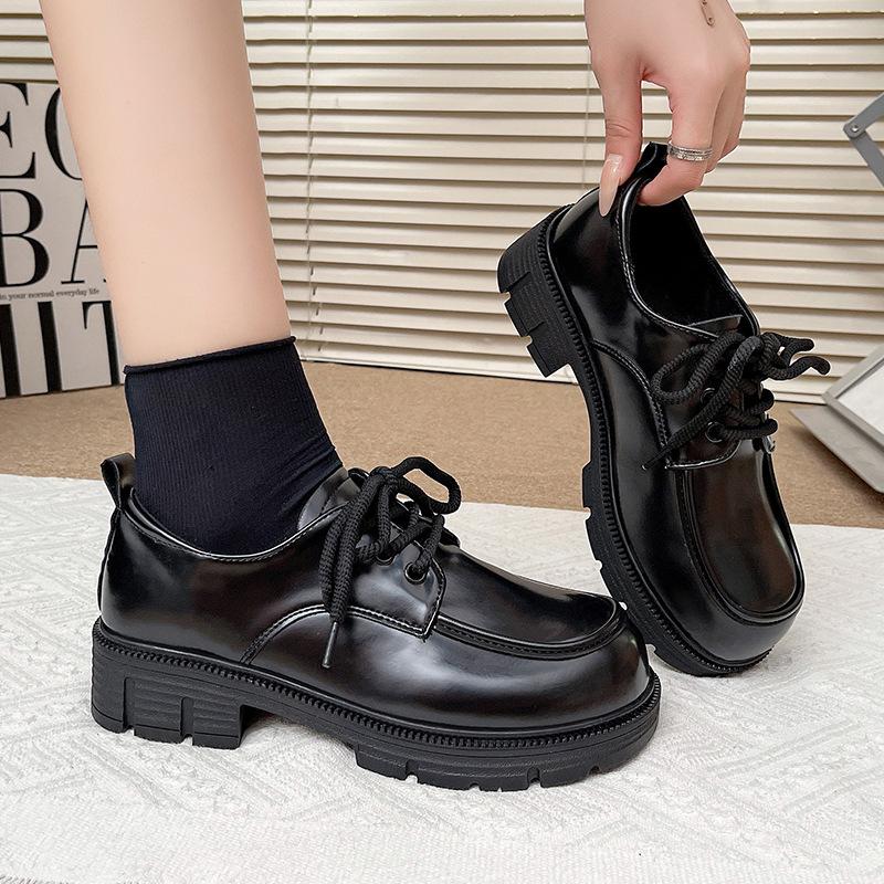 Women's shoes, small leather shoes, women's spring new thick-soled shoelaces, velvet muffin, retro versatile love
