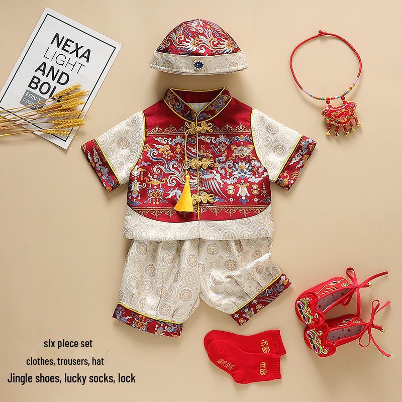 Summer Baby Boy Birthday Tang Suit with Crown for Zhou Ceremony