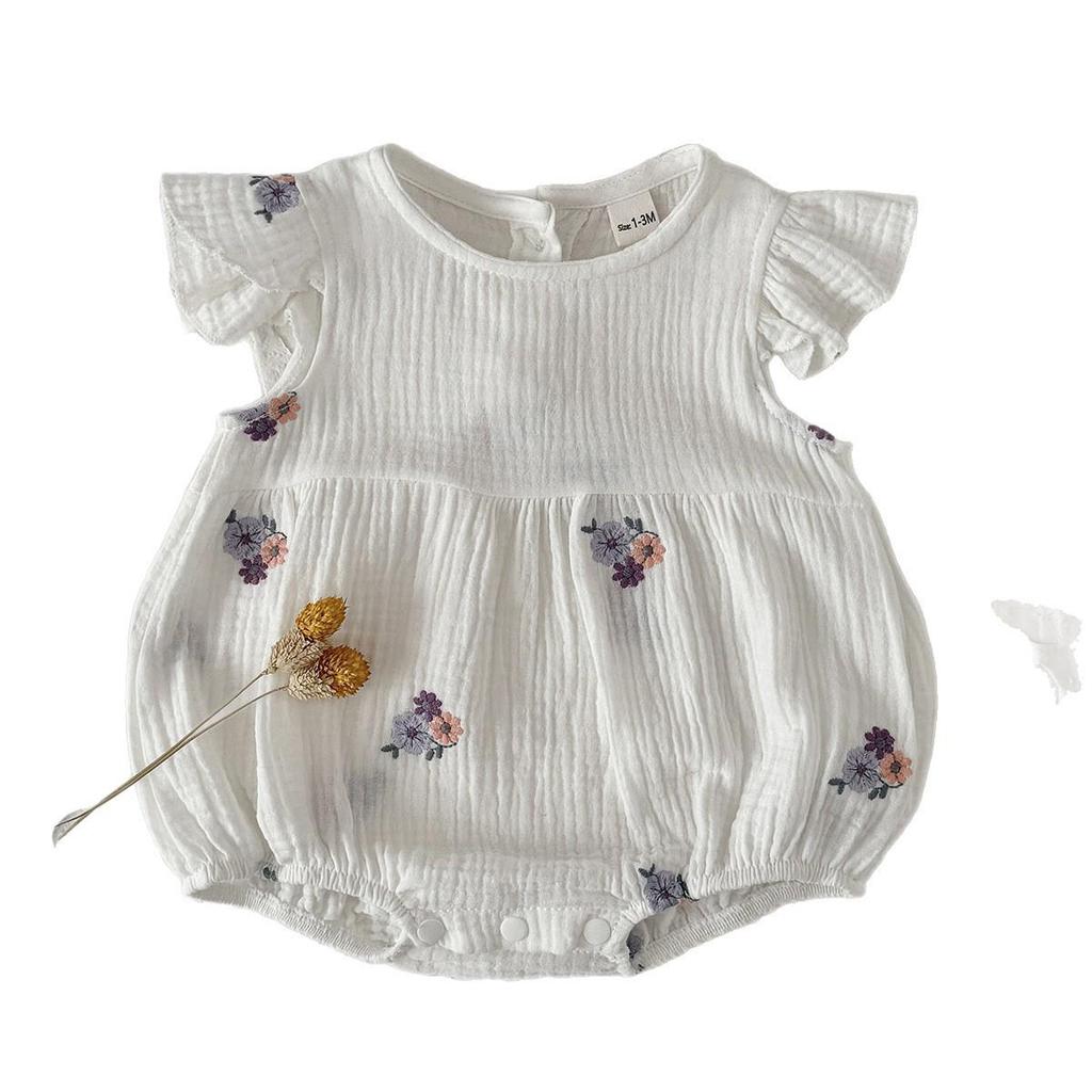 Korean-Style Girls' Summer Bodysuit with Purple Floral Embroidery