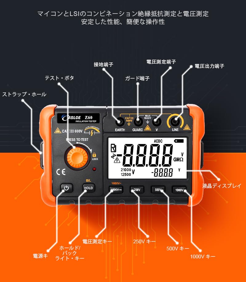 ASLOE Insulation Resistance Meter Z60 AC 1000V insulation 500V insulation 250V insulation year instruction (Measurement range 20V-1000V voltage,