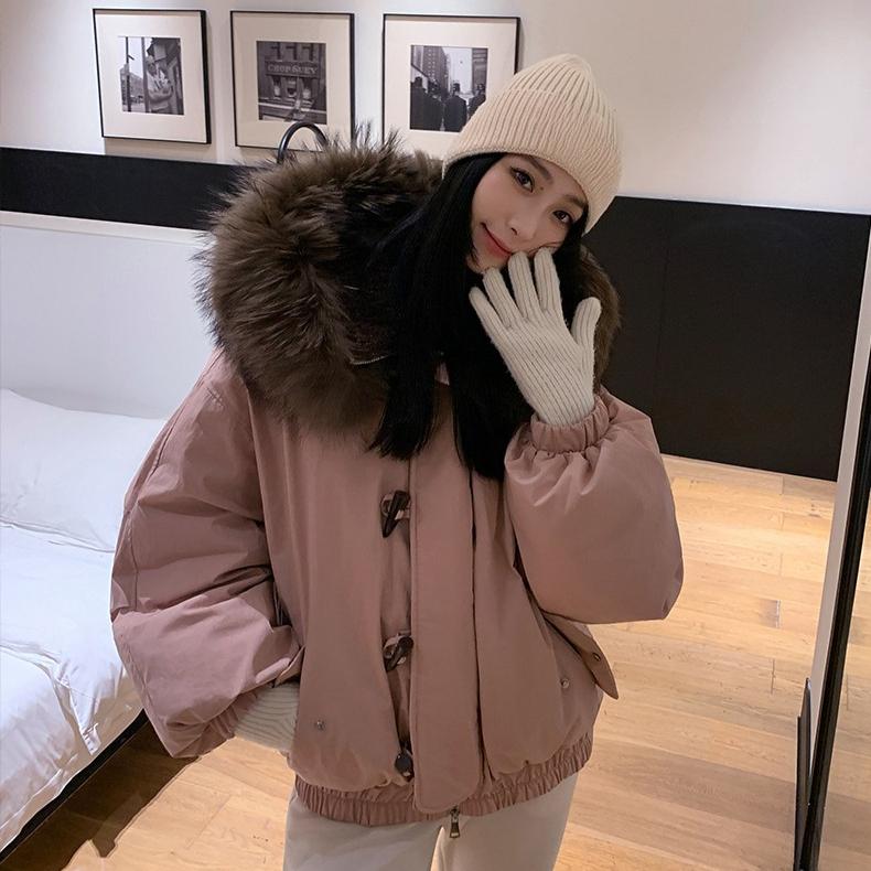 Korean Style Women Hooded Short Coat Horn Buttons Big Fur Collar Winter Warm Thickened Workwear Jacket