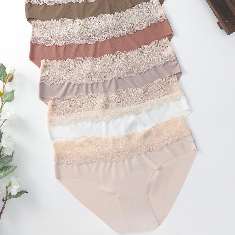 Sexy Ice Silk Underwear for Women Thin Mid-waist Pure Cotton Crotch Seamless Lace Edge Breathable Triangle Panties