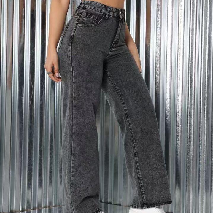 Women Black Y2K Style Fringed Embroidery Pattern Denim Straight-leg Pants with A Comfortable Fabric and Full Elastic Waist