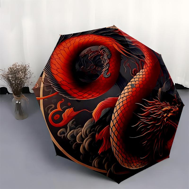 Red Dragon Yin Yang Symbol Circular Art PrintUmbrella, Portable 3-Fold Compact Umbrella for Men & Women Gift