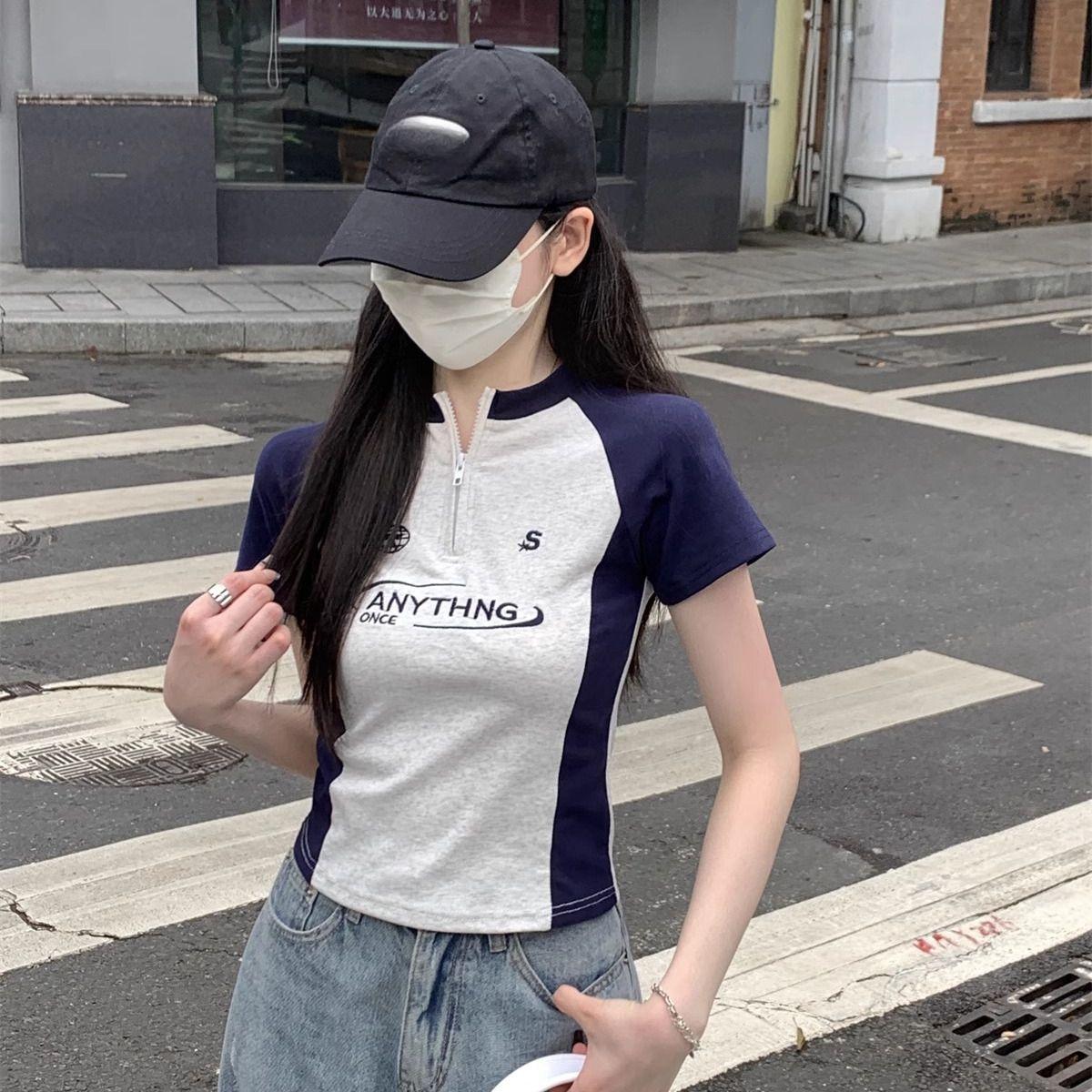 

Женские футболки в стиле ретро, с коротким рукавом, воротником на молнии, футболки Y2K для девочек, уличная одежда, женские топы XL