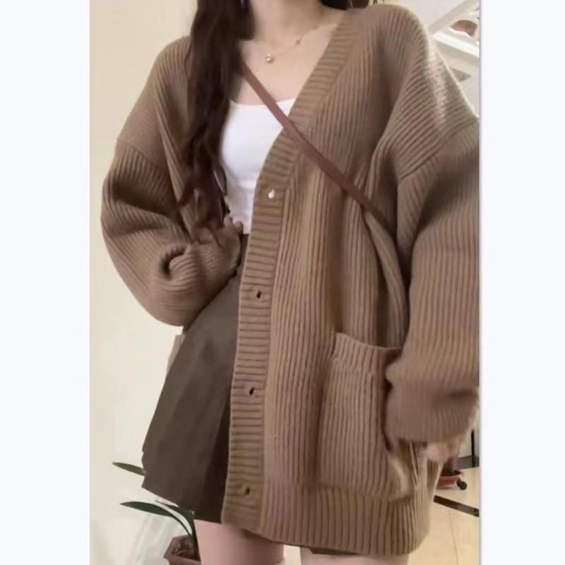 Women Knit Cardigan Button Down Long Sleeve Loose Fit Sweater Coat with Pockets Soft Ribbed Knitwear for Winter Season