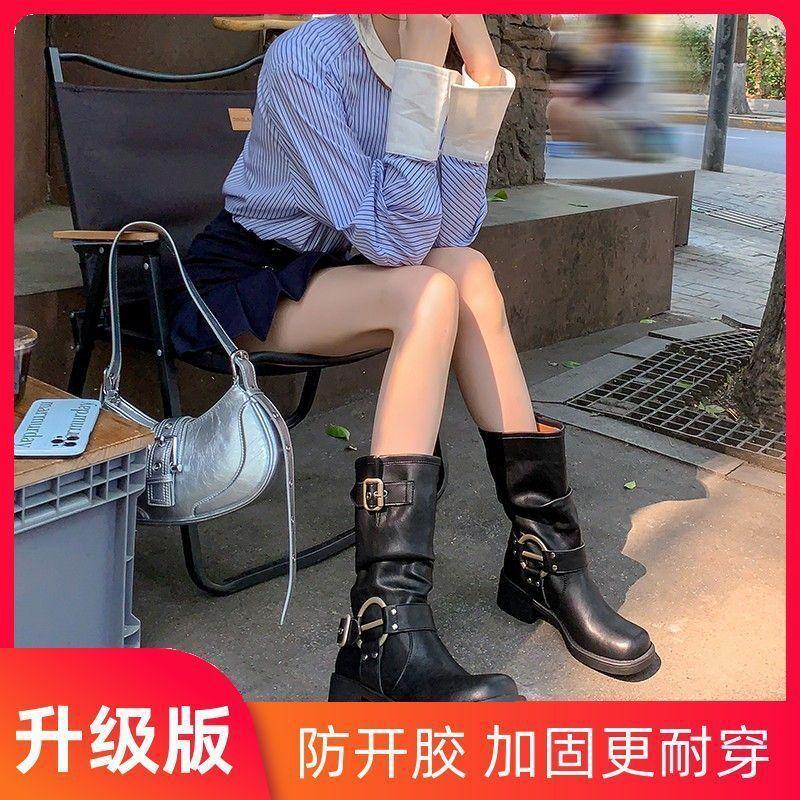Western Cowboy Belt Buckle Pile Boots Medium Boots Tall Knight Boots Thick Heel Square Head Martin Boots