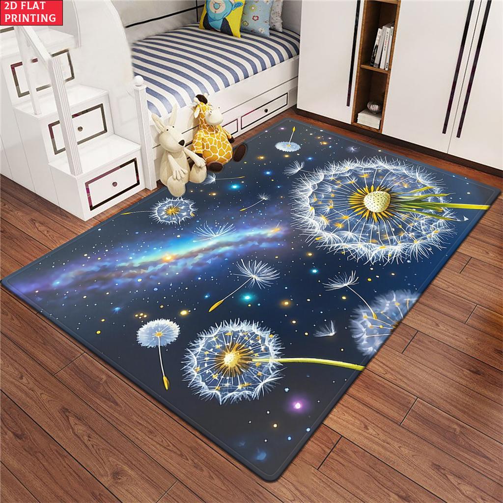 Löwenzahn Galaxie Bereichsteppich, Nachthimmel Sternenblumen Teppich für Wohnzimmer, Rutschfeste Natur Bodenmatte für Schlafzimmer Heimdekor