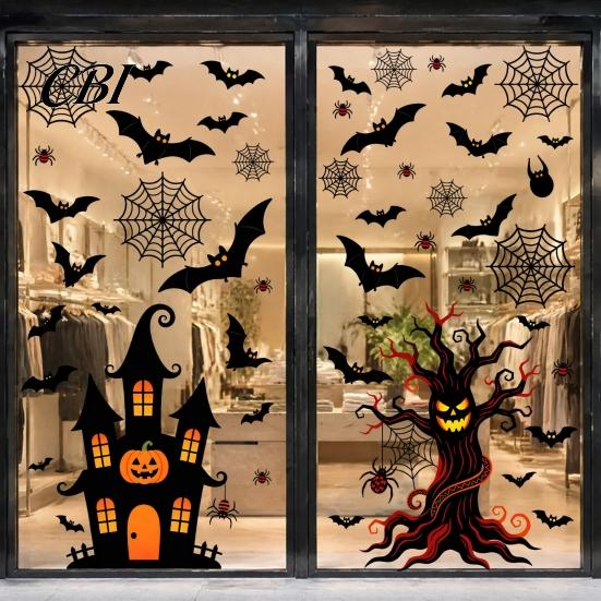 Outdoor Glass Ornament 4Pcs Halloween Static Window Stickers, PVC Waterproof Decals for Doors, Haunted House Easy Application Bat Spider Web