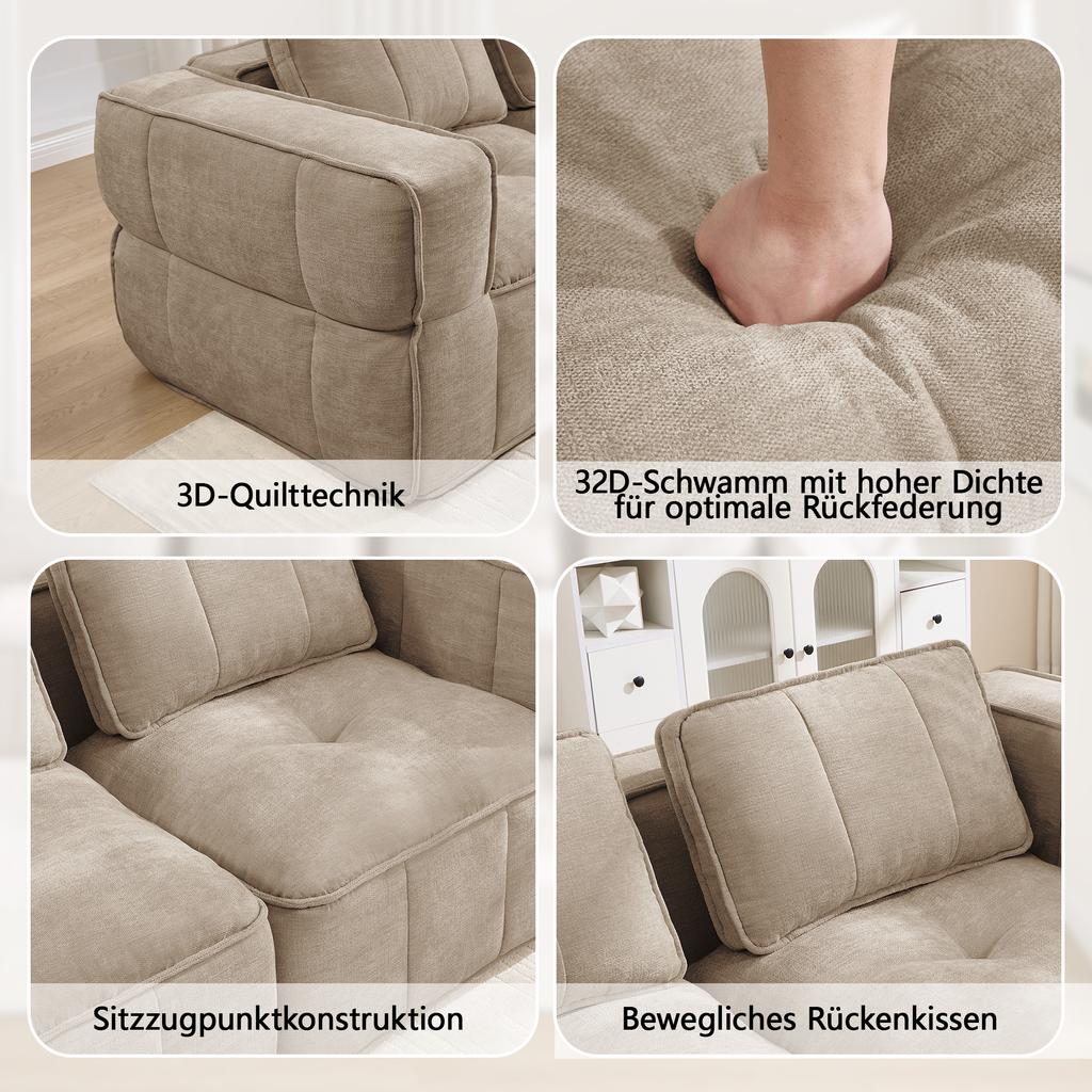 Modular Two-Seater Sofa with Two Stools, Without Struts, 32D High-Density Foam, Deep Seat, Soft Fabric, Ideal for Living Room and Apartment, Sand.