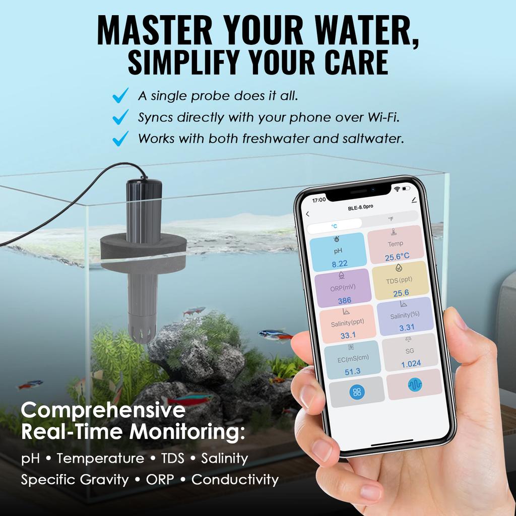 Advanced 7-in-1 WiFi Water Quality Monitor Multi-parameter Smart Probe for Aquarium, Hydroponics & Aquaculture Fish Tank
