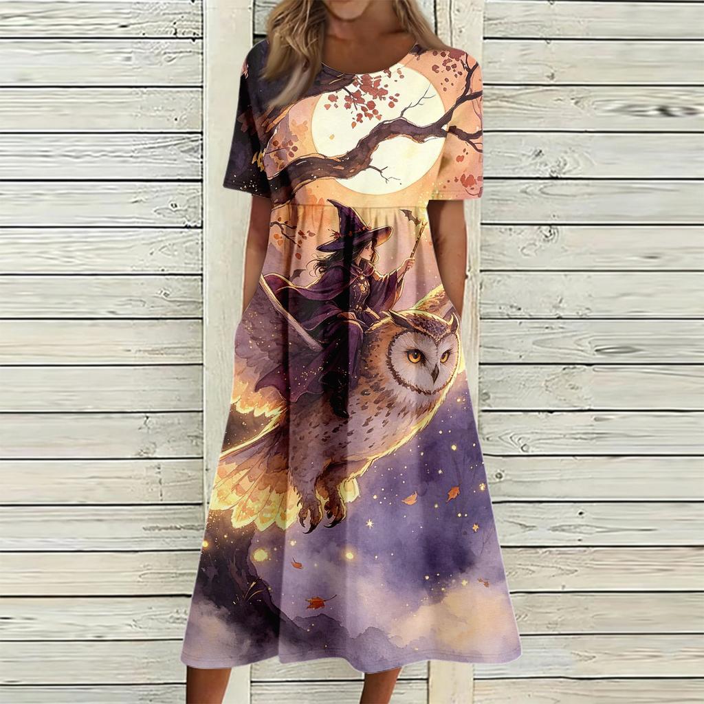 Women's Casual Halloween Print Round Neck Dress with Pockets for Festive Occasions