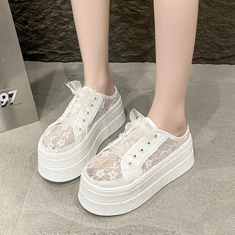 Fashion 8CM Women's Slippers 2025 New Bling Summer Women's Platform Slippers Lace Rhindiamonds High Toe Closed Slippers Women Mule Shoes