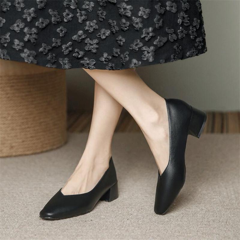 Woman Elegant Summer French Square Toe High Heels Mary Janes Female Retro Casual Shoes Low Heeled Soft Soled Ladies Shoes