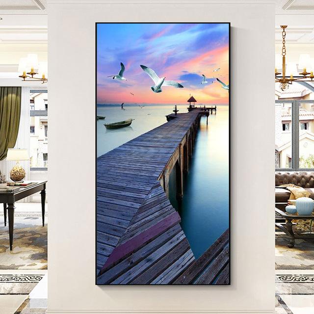 Vedere peisaj Scânduri din lemn Drum Albastru Podul Mării Pânză Pictură Postere și imprimeuri Artă de perete Fotografii Decor acasă fără cadru