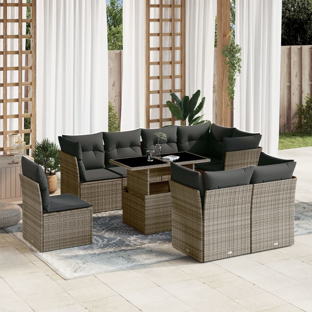Vidaxl 9-Cz. Garden Furniture Set With Cushions, Grey, Poly Rattan