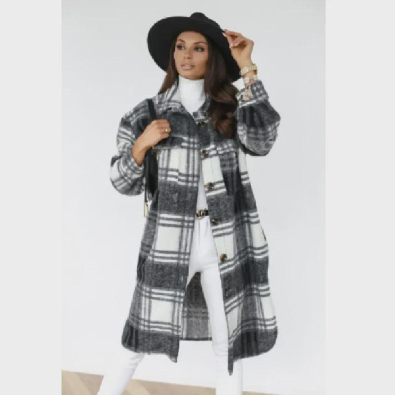 

Осенне-зимнее женское шерстяное пальто с длинными рукавами в клетку XL чёрный