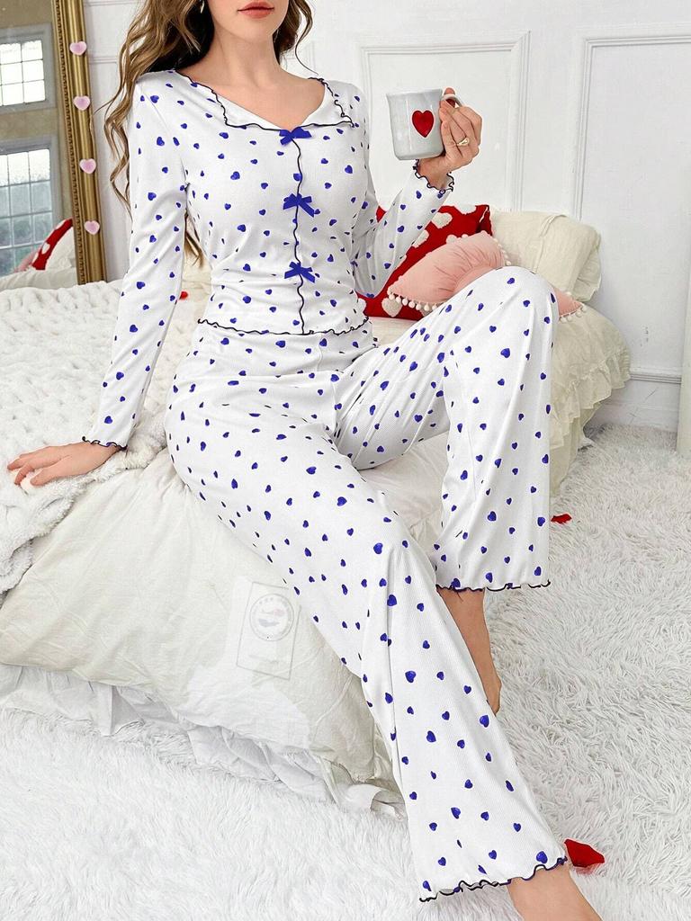 European and American Style Women's Spring and Autumn Heart Print Pajama Set Turn-Down Collar Long Sleeve Top and Long Pants 2 Piece Loungewear