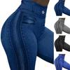 Decorative Pockets Skinny Imitation Jeans Leggings Hip Lifting Zipper Print High Waist Elastic Pants for Sports